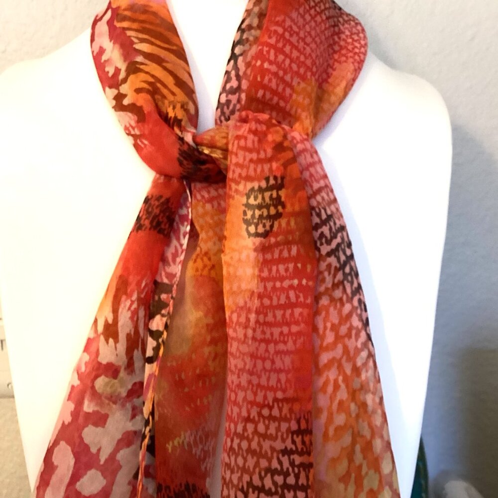 Vintage Silk Scarf, Adrienne Landau Red Orange Abstract Print, Stole Shawl